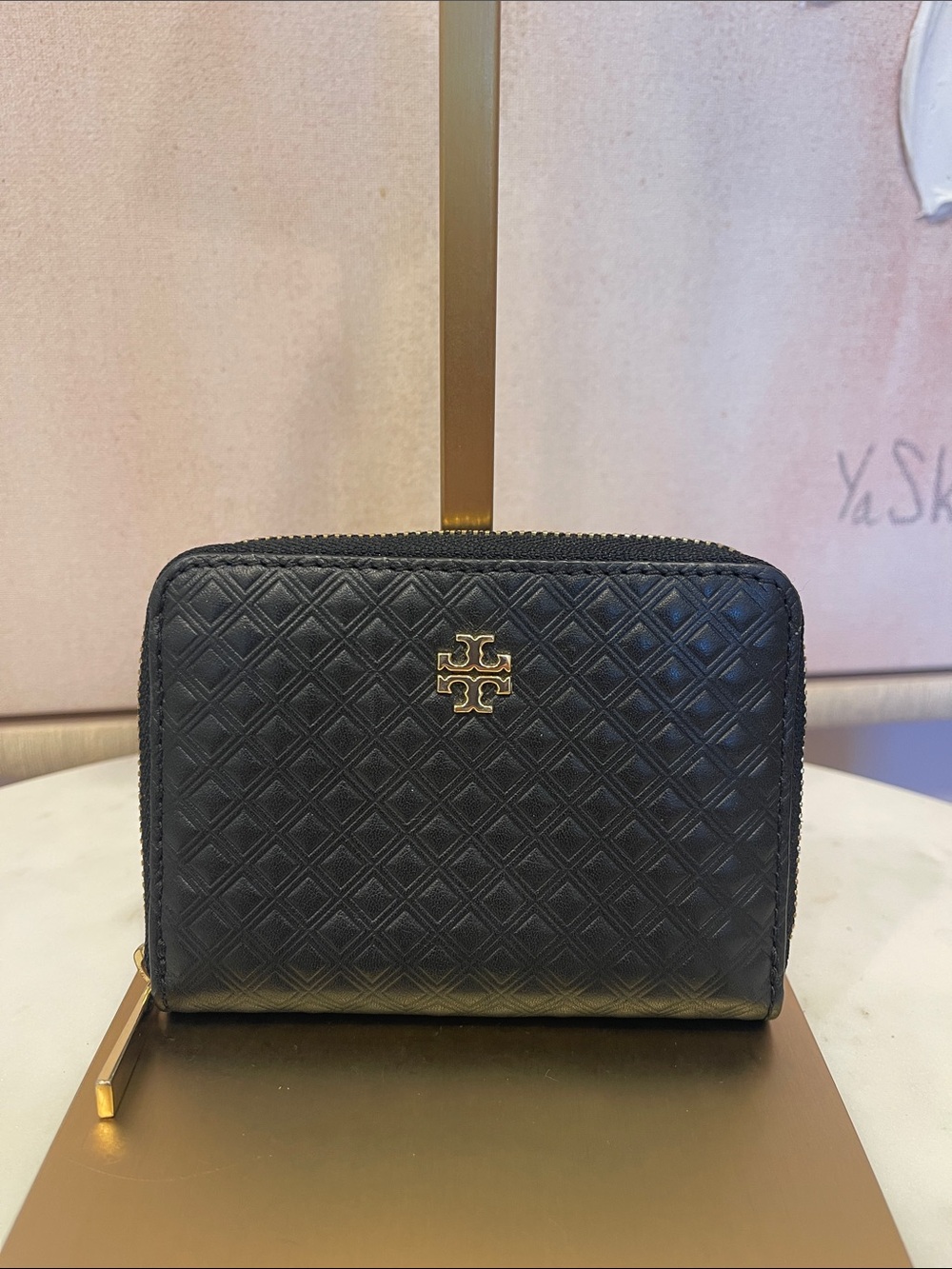 Tory Burch Black Quilted Leather Zip Wallet with Gold Logo & Keyring